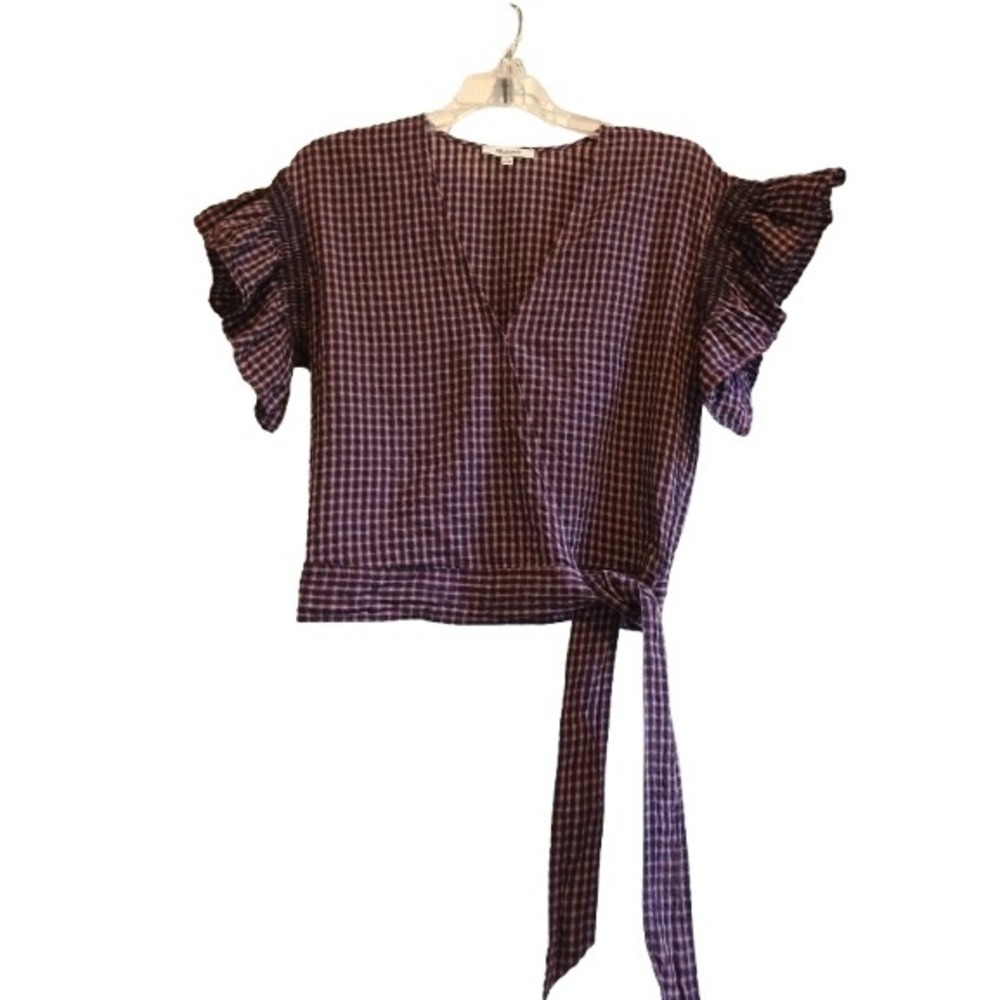 Madewell  Gingham Ruffle-Sleeve Wrap‎ Top - Size Small